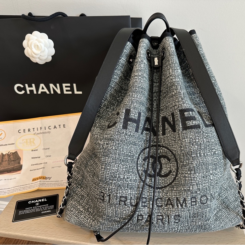 Chanel Deauville Chain Rucksack Daypack Bag Logo Coco  Gray Tweed Black Silver